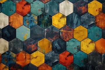 Poster - Colorful hexagonal tiles create a striking mosaic pattern on a textured surface. Generative AI