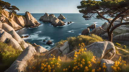 Summer ocean rocky coast.