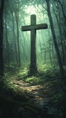 Cross Forest Chapel Christianity Religion Spiritual Symbol - Generative AI