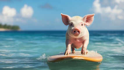 Cute pig image on a surfboard on a summer beach and sea, beautiful view, high quality