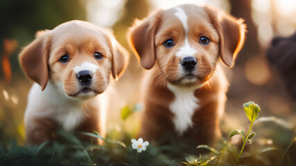 Wall Mural - Outdoor portrait of two cute puppies.