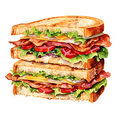 Watercolor Painting of Mouthwatering Club Sandwich with Layered Ingredients on White Background