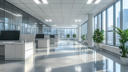 Poster - Modern office with glass walls, desks, and city view.