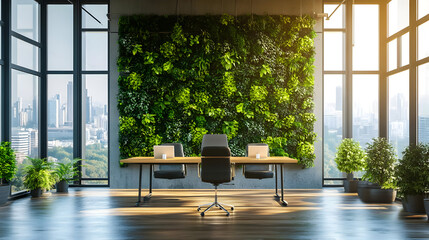 Poster - Modern office with green wall and city view.