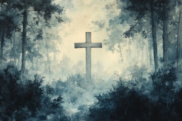 Poster - Cross Forest Chapel Christianity Religion Spiritual Symbol - Generative AI