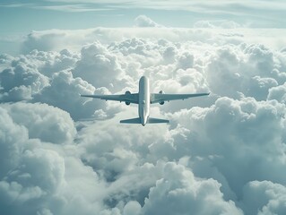 Poster - Airplane Soaring Serenely Through Fluffy White Clouds with Copy Space