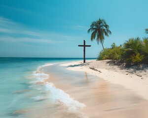 Poster - Peaceful Cross on Deserted Tropical Island Beach with Serene Landscape