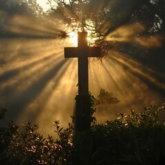 Poster - Ethereal Cross Formed by Radiant Morning Sunlight Through Trees