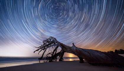 Sticker - star trails in night sky rotating around huge fallen tree on beachside