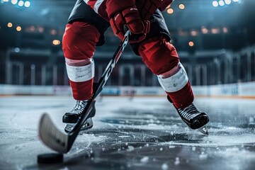 A hockey player standing on the rink with his stick ready to take a shot at night. The focus is on their legs as they gather courage for the big moment under dramatic lighting