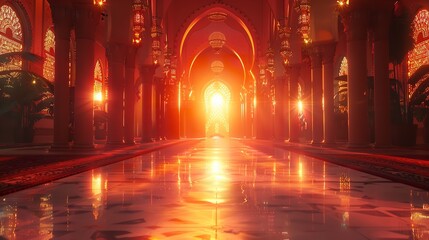 Arabic lanterns cast a warm glow against a mosque backdrop during Ramadan Kareem.