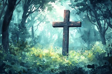 Cross Forest Chapel Christianity Religion Spiritual Symbol - Generative AI