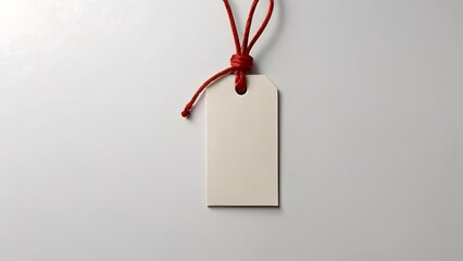 A blank price tag tied with string, isolated on a white background.