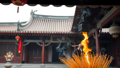 Medium shot of male caucasian man burning incense in the Chinese North Temple of Suzhou, China isolated with white highlights, png