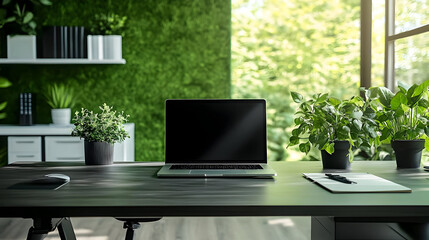 Sticker - Modern workspace with laptop, plants, and a green wall.