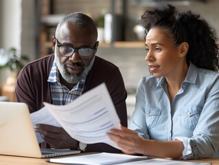 Poster - Engaged Couple Discussing Financial Documents with Planner in Office Setting