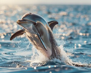 Poster - Playful Dolphin Mid Jump Against Sparkling Ocean Wildlife Portraits Concept With Copy Space