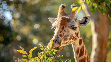 Wall Mural - Gentle Giraffe Nibbling Leaves from Tall Tree in Serene Wildlife Setting