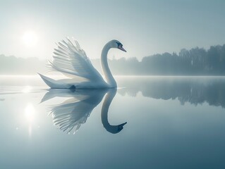 Canvas Print - Graceful Swan Gliding on Tranquil Lake Perfectly Reflected in the Water