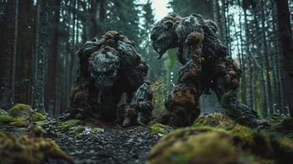 realistic living two fighting for territory trolls in the forest in norway