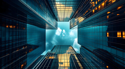 Poster - Skyward view of modern glass buildings.