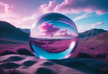 A large, transparent glass sphere floating in a surreal