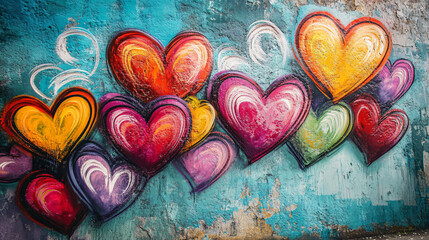 Canvas Print - Colorful Heart Graffiti on Blue Wall.