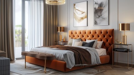 Wall Mural - Chic bedroom featuring artistic accents, gold lamps, and a stylish bed with an ocher velvet headboard