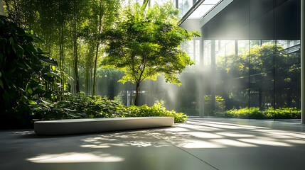 Wall Mural - Sunbeams illuminate a modern interior garden.