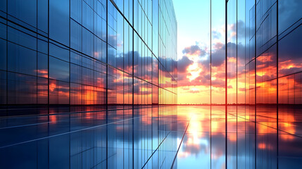 Wall Mural - Sunset reflected in a modern building facade.