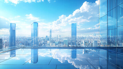 Rooftop View of Cityscape with Blue Sky and Clouds.