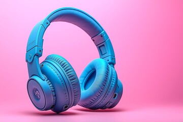 Bright blue headphones on a pink background showcasing modern design and vibrant color contrast, copy space for text, music producer banner, music advertising