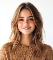 Wall Mural - Portrait of beautiful young woman with brown hair smiling, wearing casual sweater isolated on white background