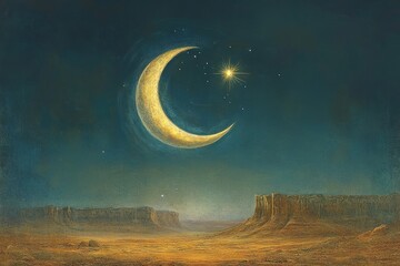 Crescent Moon and Star Desert Night Islam Religion Spiritual Symbol - Generative AI