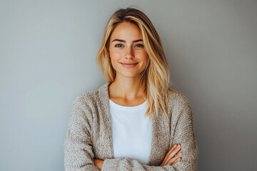 portrait of a beautiful young woman with blonde hair and a warm smile.