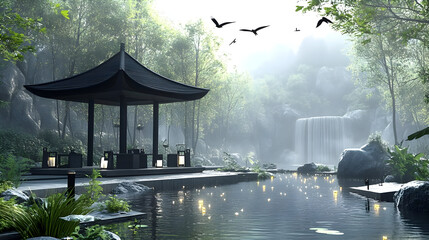 Wall Mural - Tranquil Zen garden with pavilion, waterfall, and pond.