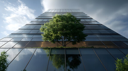 Canvas Print - Tree growing on modern skyscraper facade.