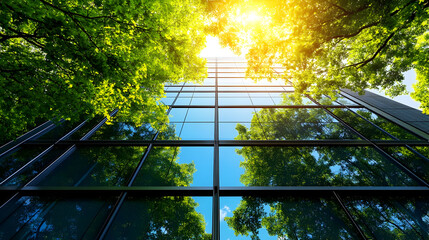 Wall Mural - Trees reflected in modern building.