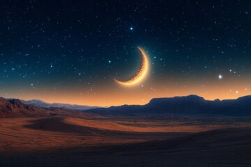 Crescent Moon and Star Desert Night Islam Religion Spiritual Symbol - Generative AI