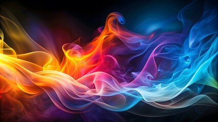 Elegant abstract background with flowing blurred shapes of colorful flames and smoke in the air. Artificial smoke in colorful light on a black background