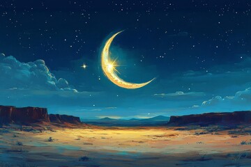 Canvas Print - Crescent Moon and Star Desert Night Islam Religion Spiritual Symbol - Generative AI