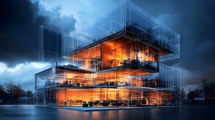 Wall Mural - Wireframe model of modern building with glowing interior.