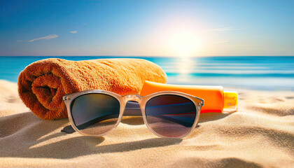 Sunglasses with a towel and sunscreen at the beach