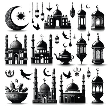 black and white ramadan kareem realistic elements silhouettes set vector illustration 