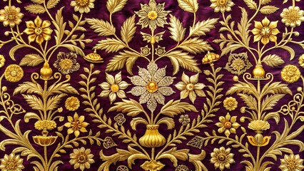 A Symphony of Golden Blossoms: Zardozi Embroidery on a Velvet Canvas  Generative AI