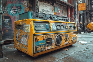 vintage boombox covered in graffiti and stickers placed in a gritty urban setting with peeling posters and neon signs exuding retro cool and street culture