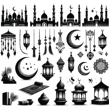 black and white ramadan kareem realistic elements silhouettes set vector illustration 