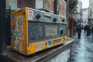 vintage boombox covered in graffiti and stickers placed in a gritty urban setting with peeling posters and neon signs exuding retro cool and street culture