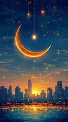 Canvas Print - Crescent Moon and Star Urban Twilight Islam Religion Spiritual Symbol - Generative AI