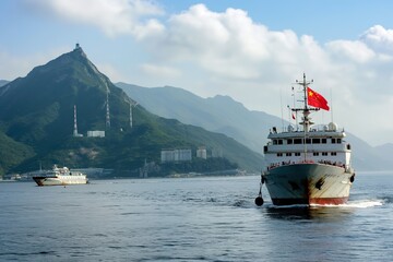 Two vessels navigate disputed waters, highlighting China's maritime presence against a mountainous backdrop